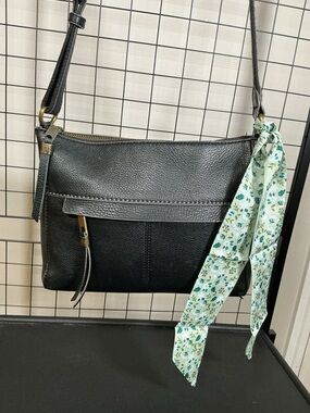 The Sak Black Leather Crossbody Bag Pebbled Everyday + Scarf Accent